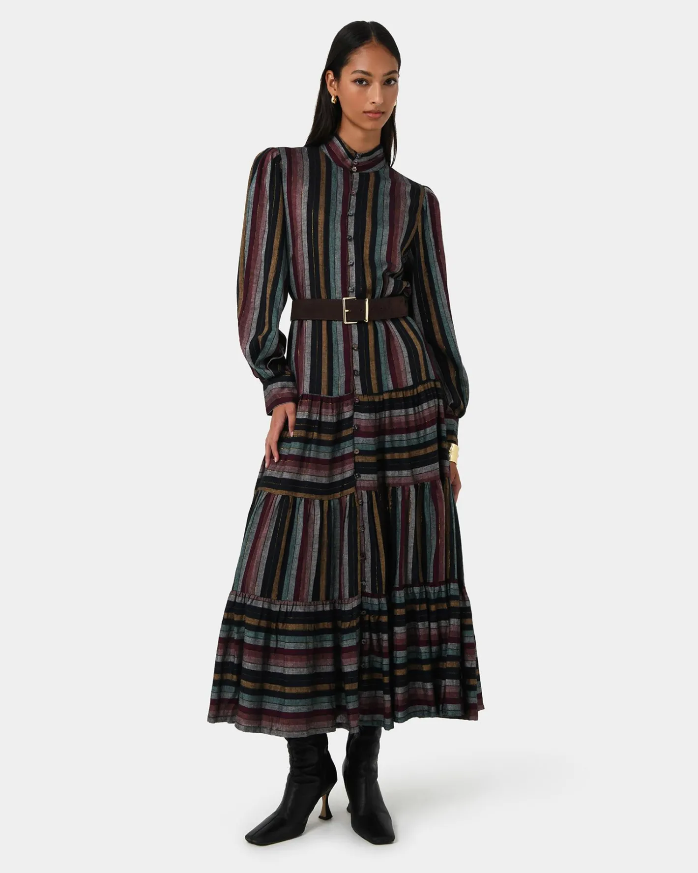 Forcast Roxana Linen Tiered Maxi Dress Vintage Stripe Online