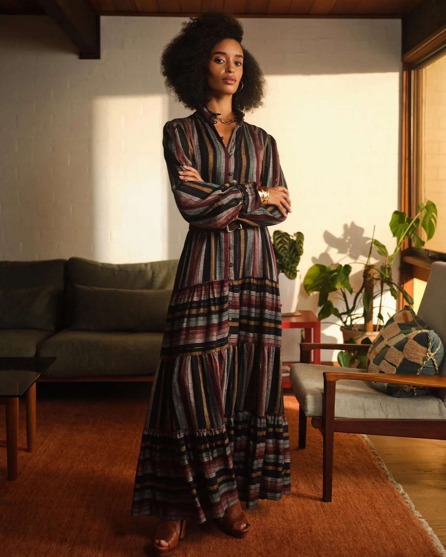 Forcast Roxana Linen Tiered Maxi Dress Vintage Stripe Online