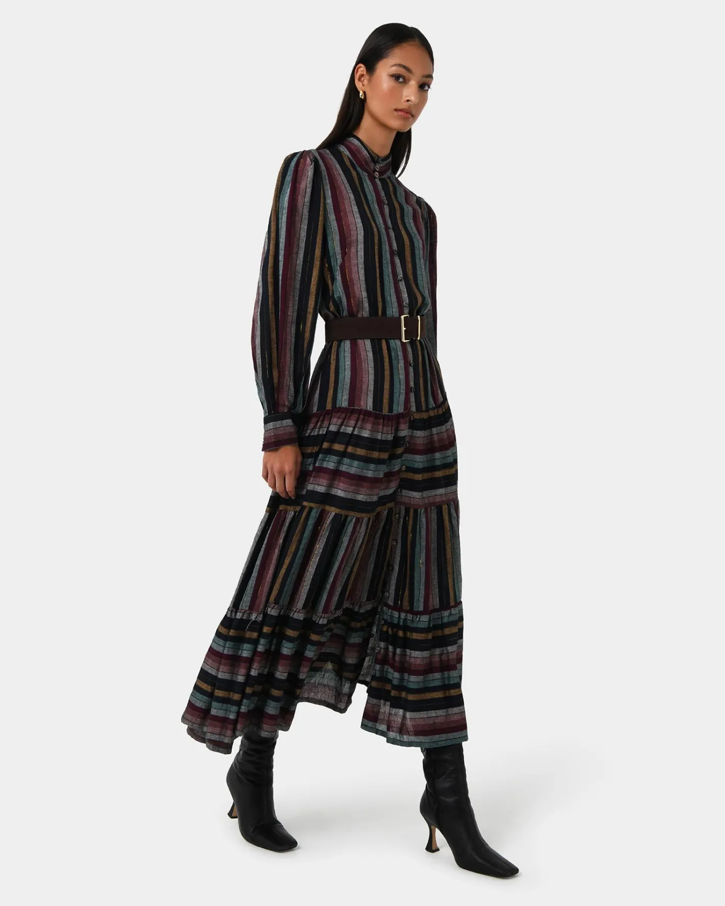 Forcast Roxana Linen Tiered Maxi Dress Vintage Stripe Online