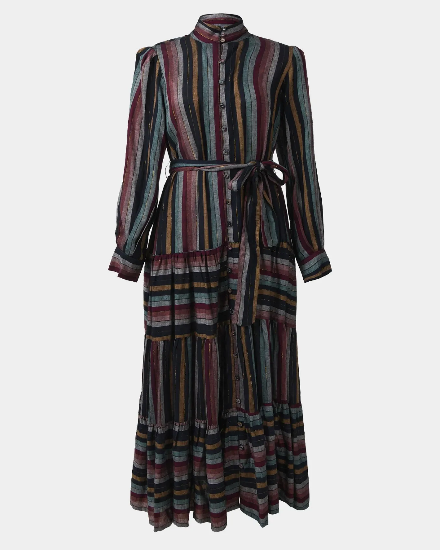 Forcast Roxana Linen Tiered Maxi Dress Vintage Stripe Online