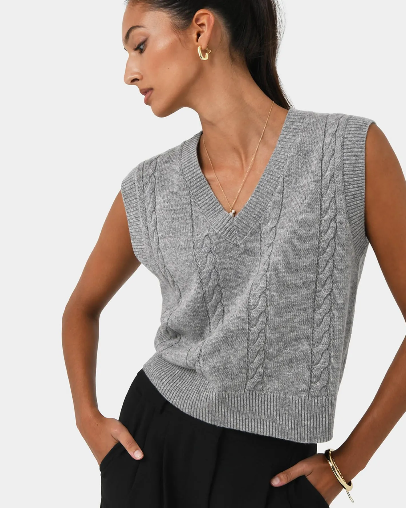 Forcast Rulia V-neck Knit Vest Grey Marle Hot