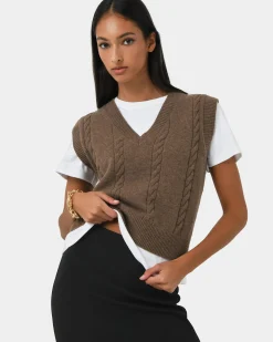 Forcast Rulia V-neck Knit Vest Wood Smoke Discount
