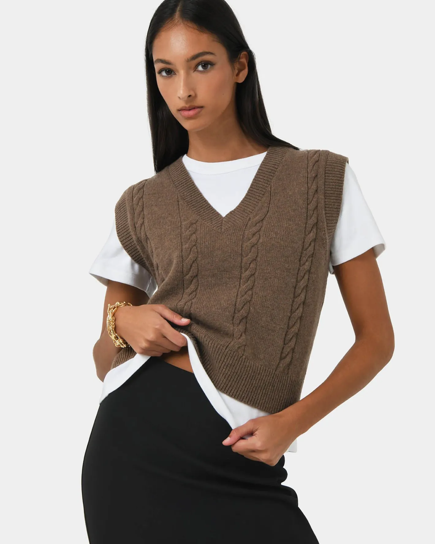 Forcast Rulia V-neck Knit Vest Wood Smoke Discount