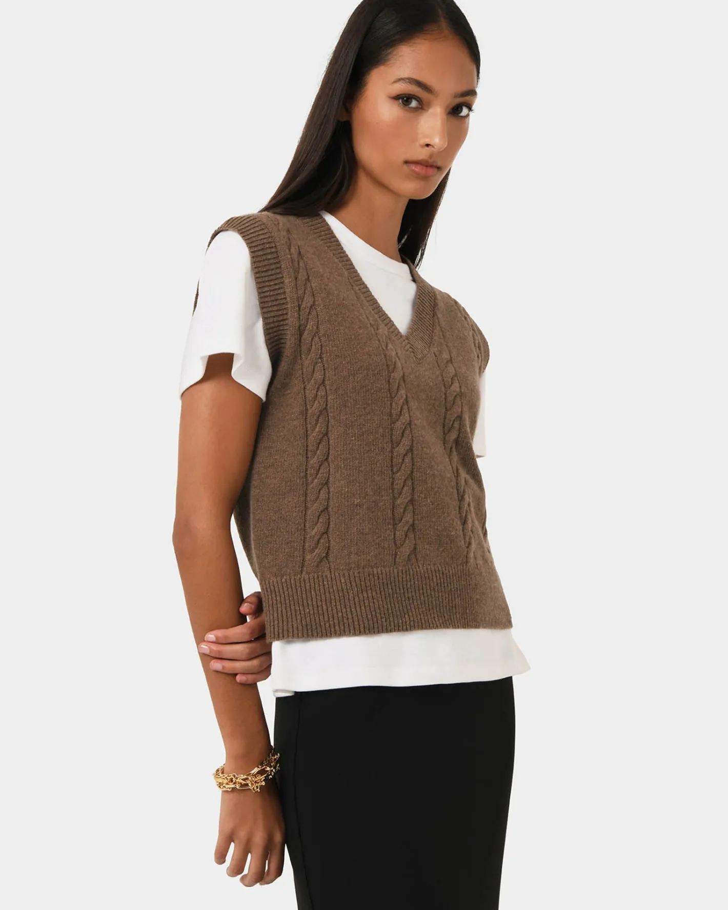 Forcast Rulia V-neck Knit Vest Wood Smoke Discount