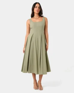 Forcast Saira 2 Linen A-line Dress Light Khaki Discount