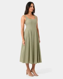 Forcast Saira 2 Linen A-line Dress Light Khaki Discount