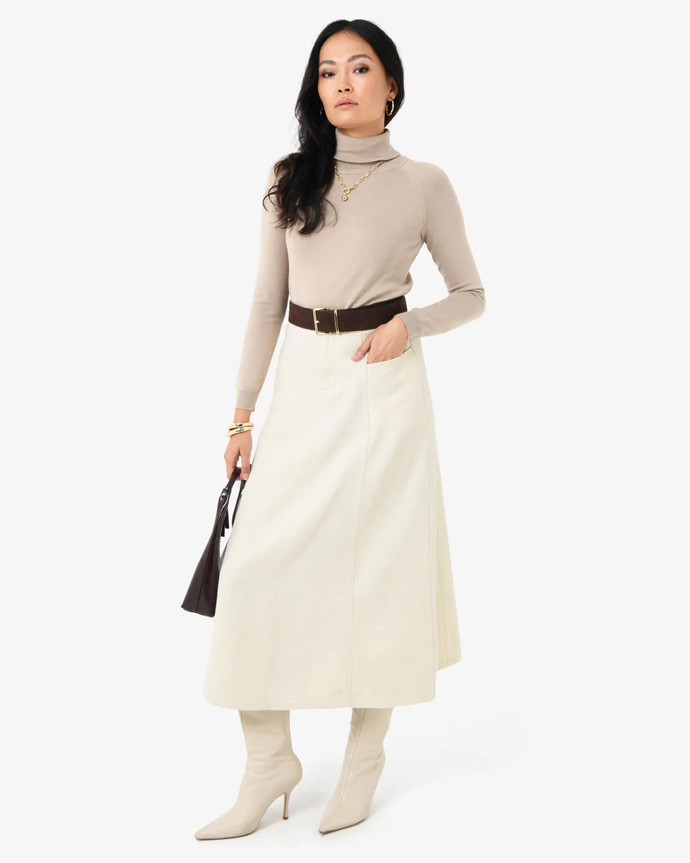 Forcast Sam Panel Denim Skirt Ecru Discount