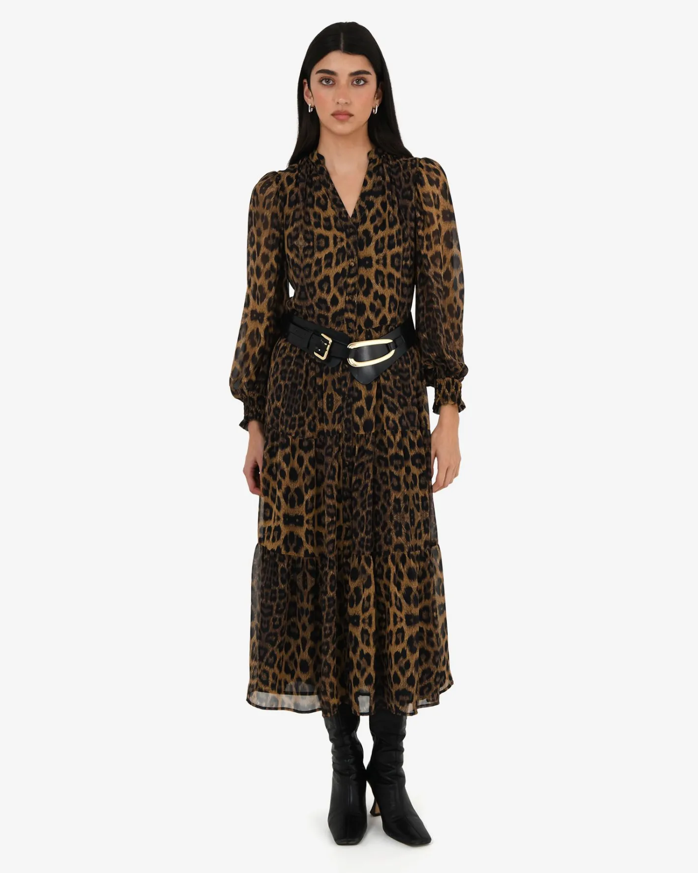 Forcast Shakira V-neck Button Dress Leopard Hot