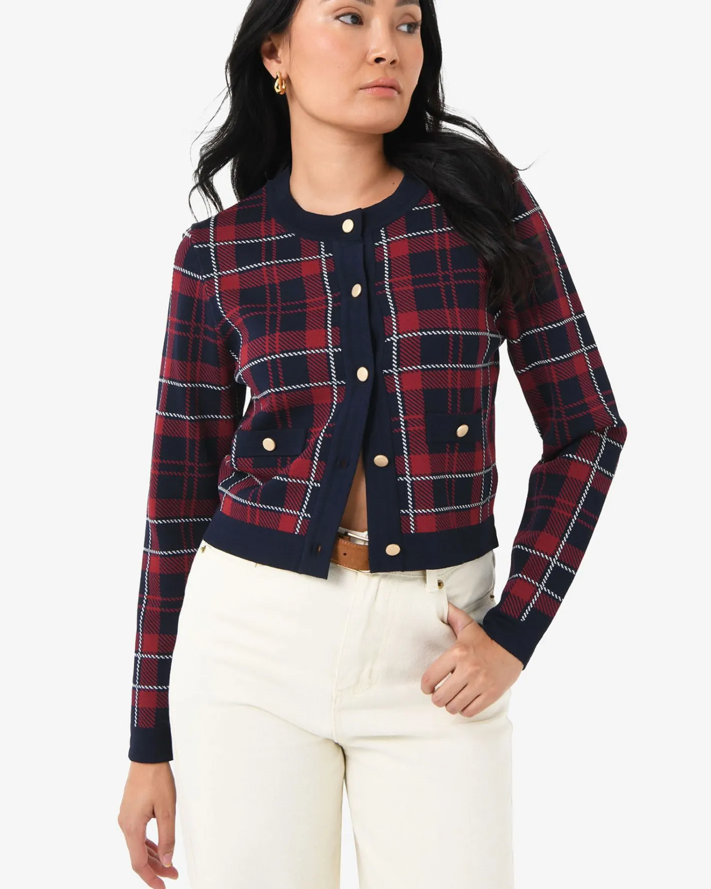Forcast Siane Check Knit Cardigan Red & Navy Sale