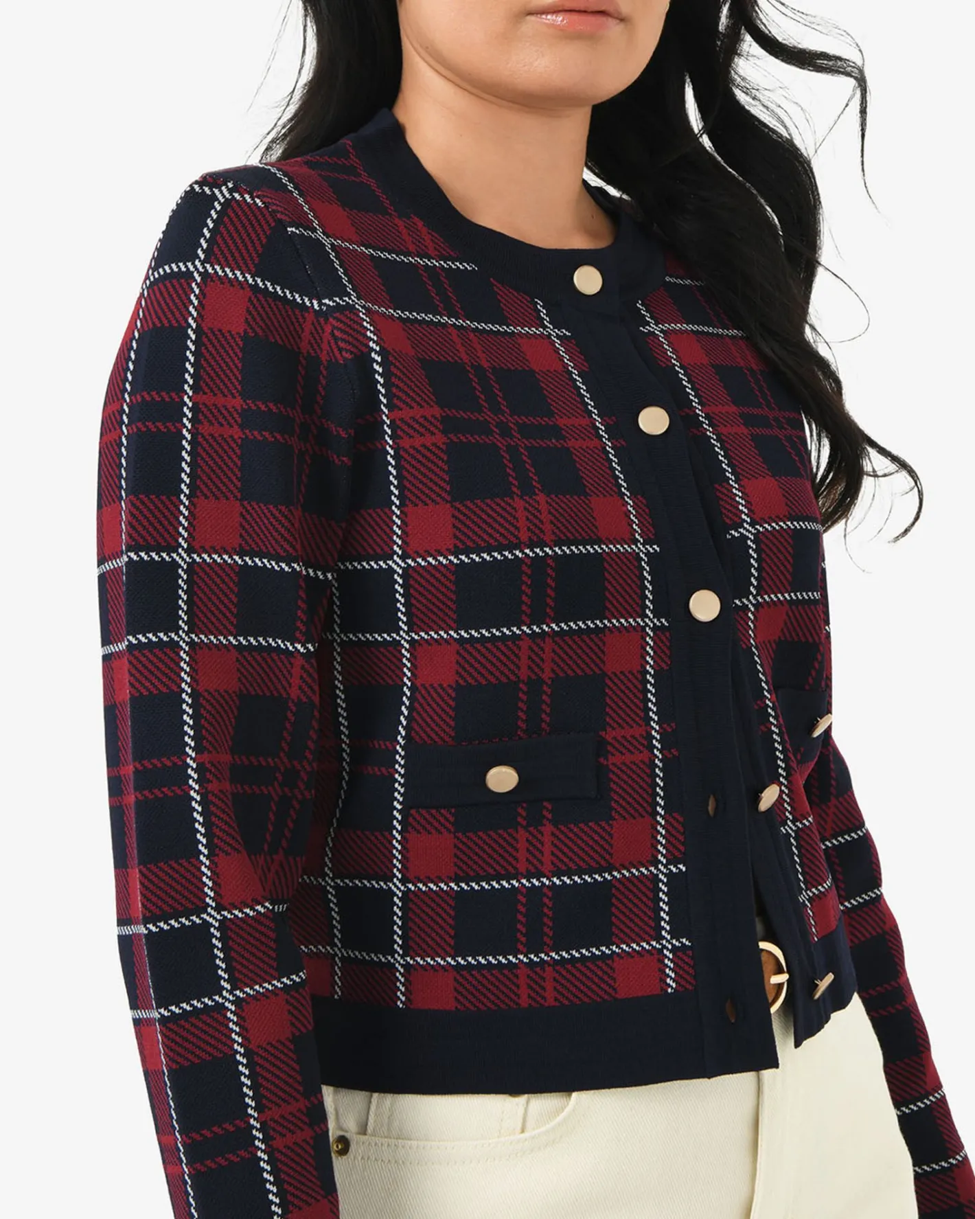 Forcast Siane Check Knit Cardigan Red & Navy Sale