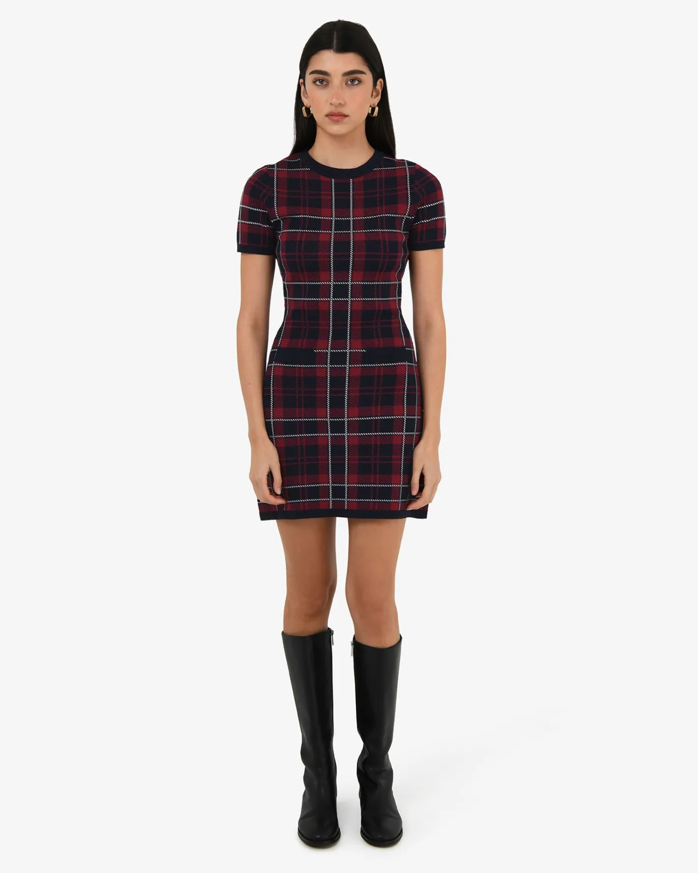 Forcast Siane Check Knit Dress Red & Navy Outlet