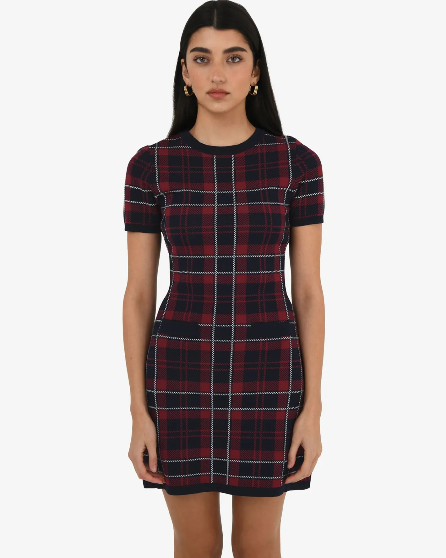 Forcast Siane Check Knit Dress Red & Navy Outlet