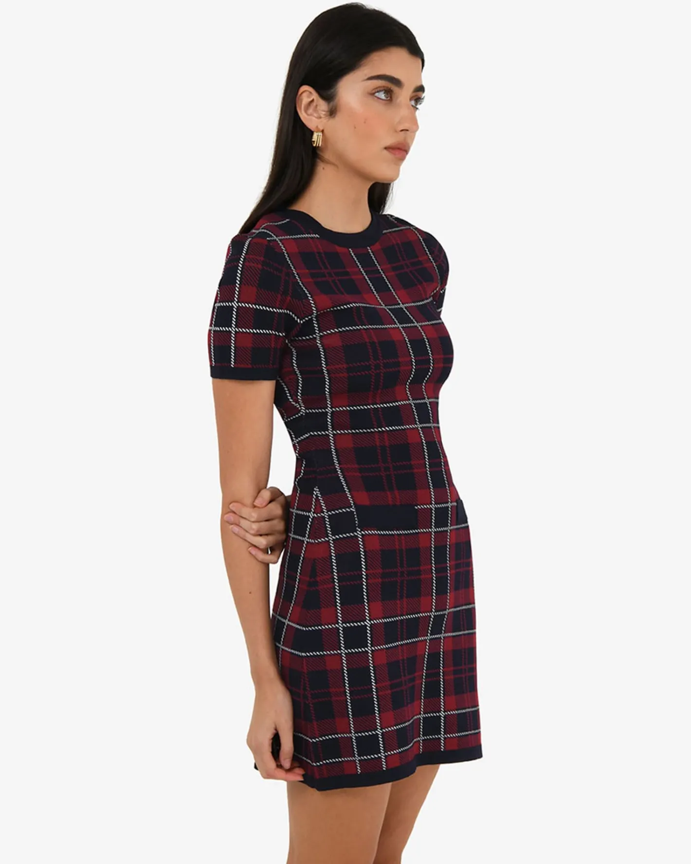 Forcast Siane Check Knit Dress Red & Navy Outlet