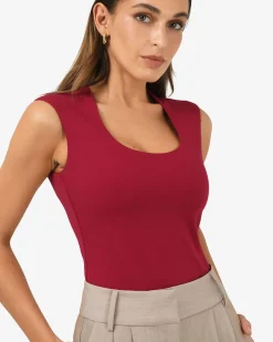 Forcast Soho Rounded Square Neck Top Crimson Red New