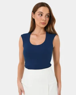 Forcast Soho Rounded Square Neck Top Navy Discount