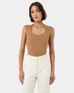 Forcast Soho Rounded Square Neck Top Light Camel Hot