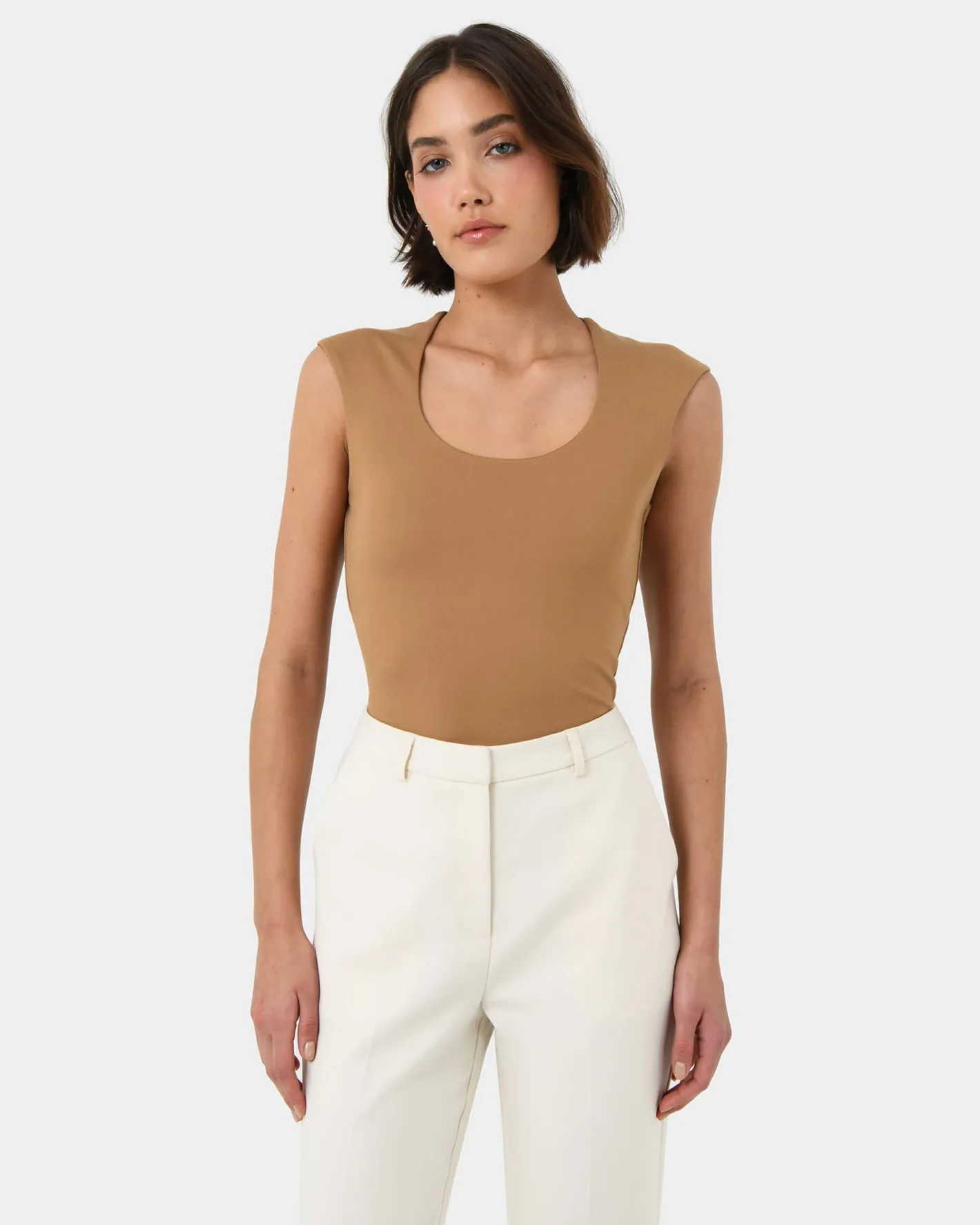 Forcast Soho Rounded Square Neck Top Light Camel Hot