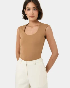 Forcast Soho Rounded Square Neck Top Light Camel Hot