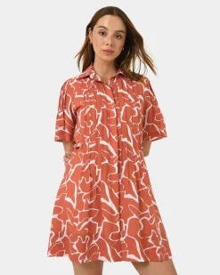 Forcast Sunshine Pleated Dress Coral Print Clearance