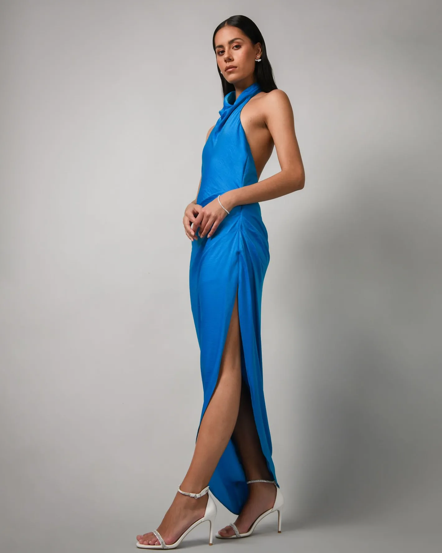 Forcast Sydney Backless Draped Dress Cyan Blue Hot