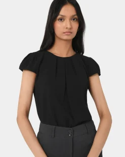 Forcast Tamera Pleated Round Neck Top Black Hot