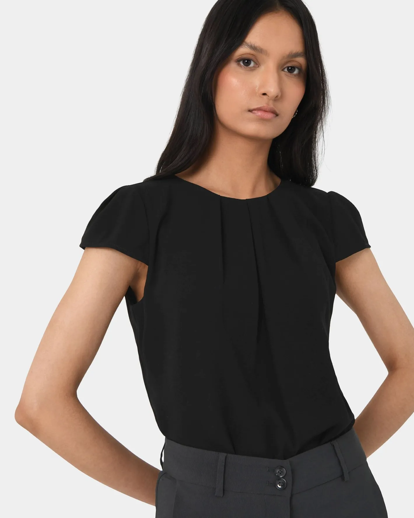 Forcast Tamera Pleated Round Neck Top Black Hot