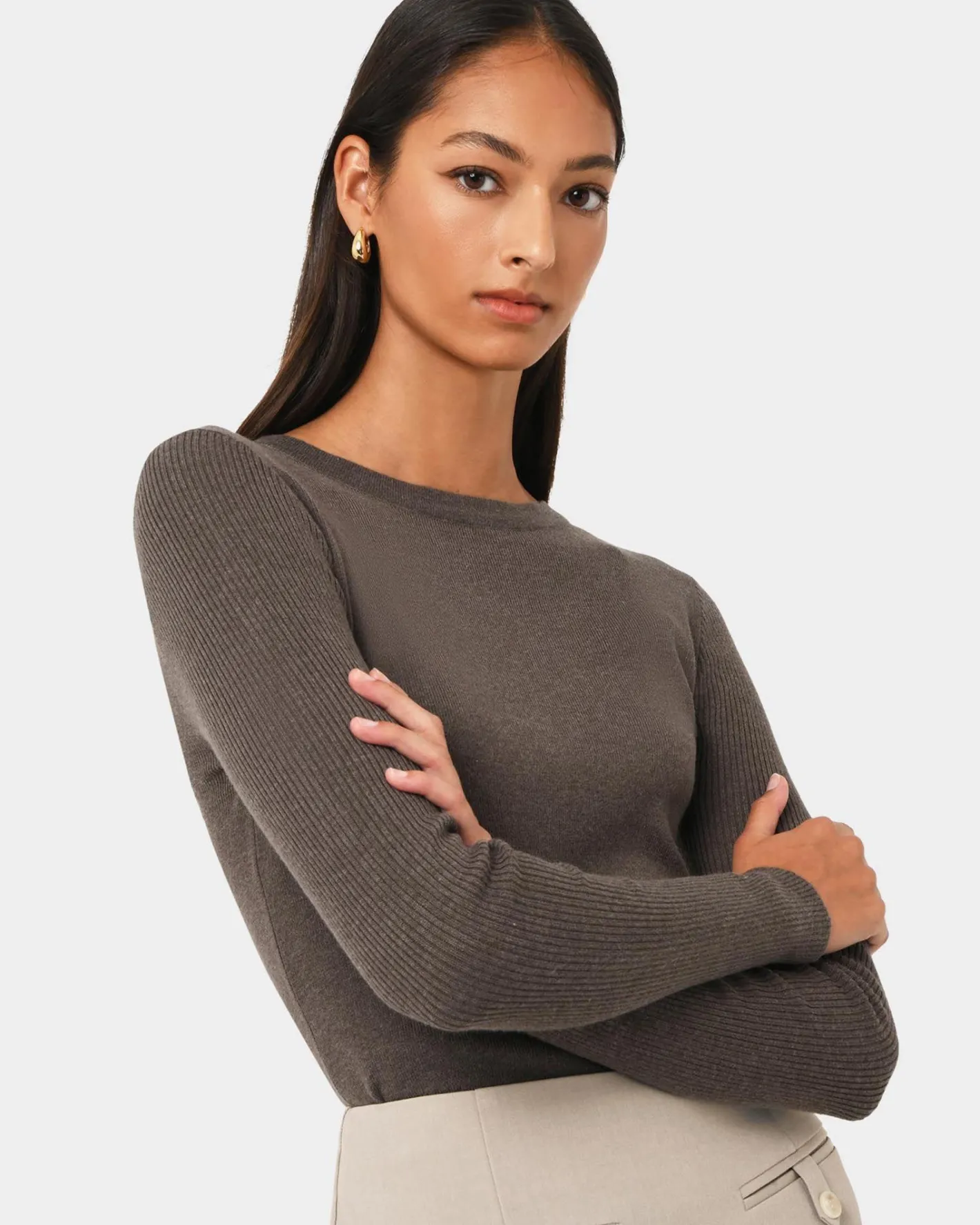 Forcast Tania Crew Neck Knit Walnut Clearance