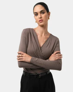 Forcast Tika Crossover Ruched Top Mocha Sale