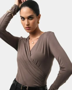 Forcast Tika Crossover Ruched Top Mocha Sale