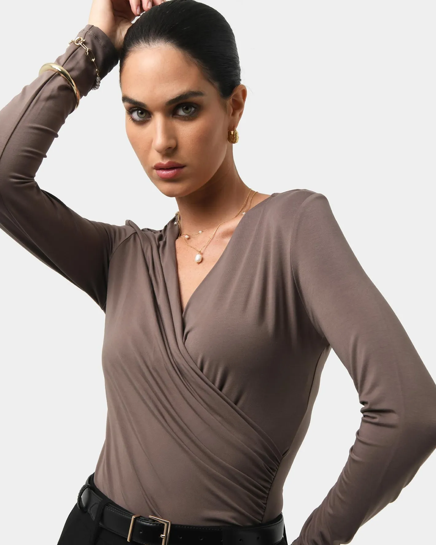 Forcast Tika Crossover Ruched Top Mocha Sale