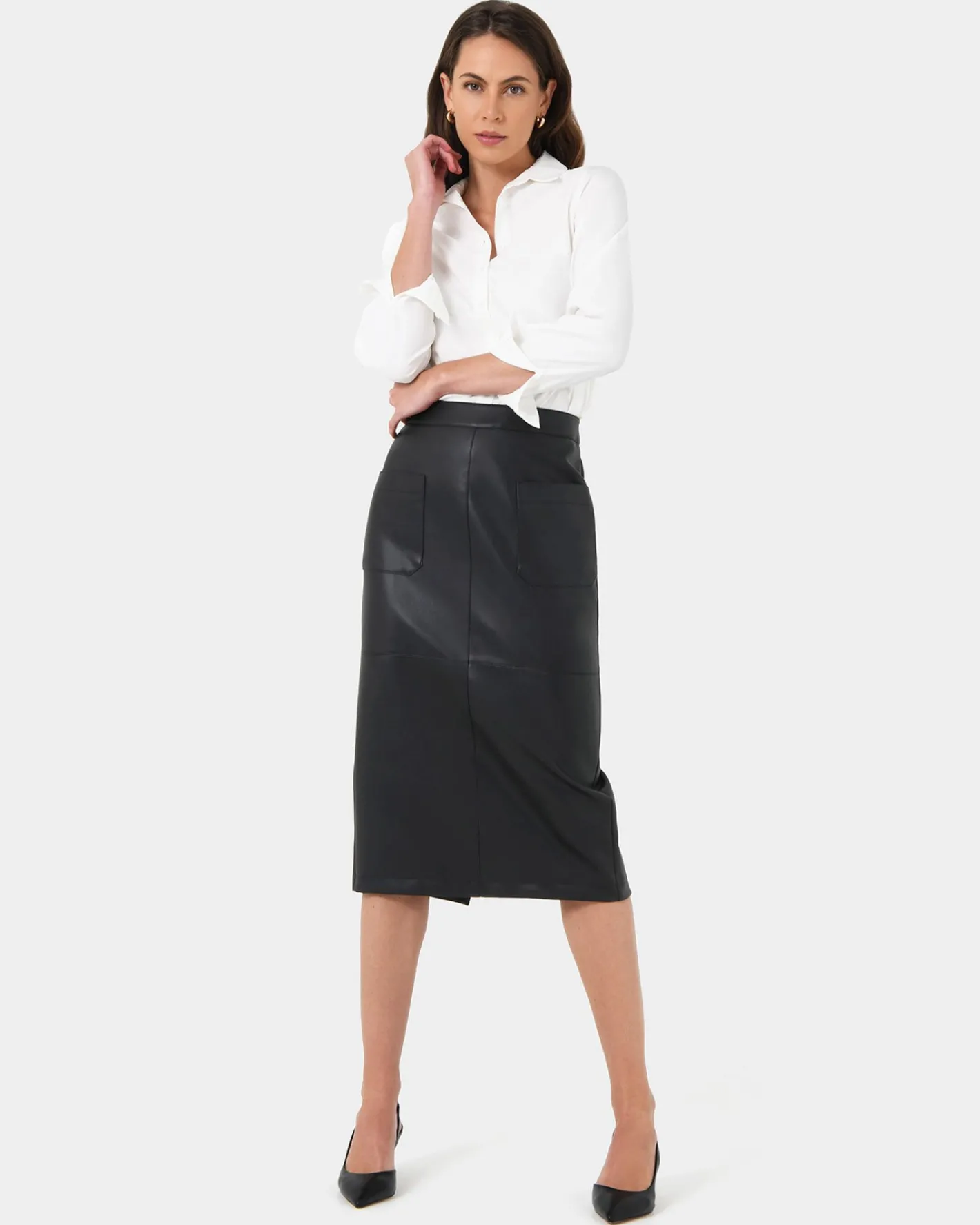 Forcast Vera Faux Leather Midi Skirt Black Outlet