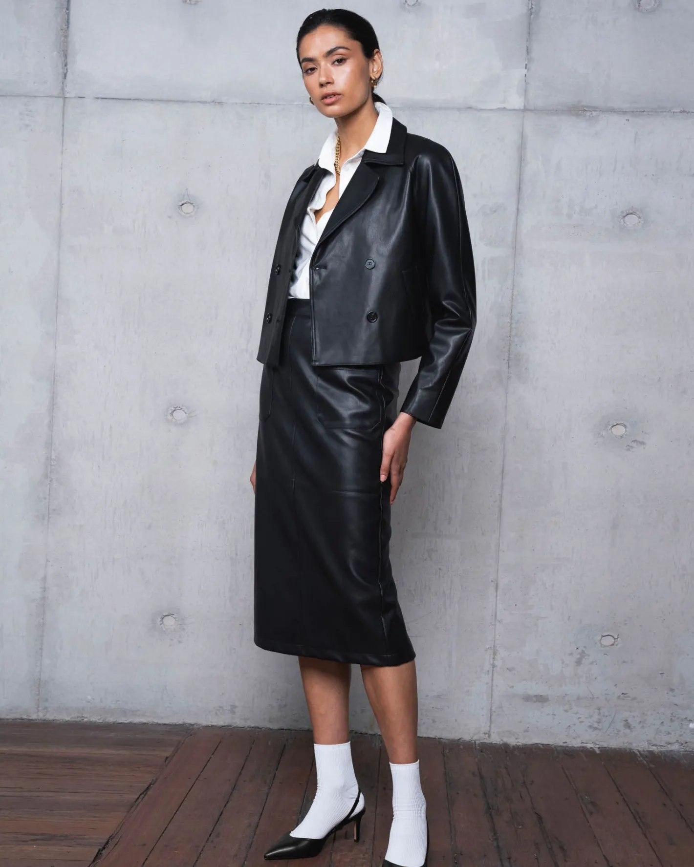 Forcast Vera Faux Leather Midi Skirt Black Outlet