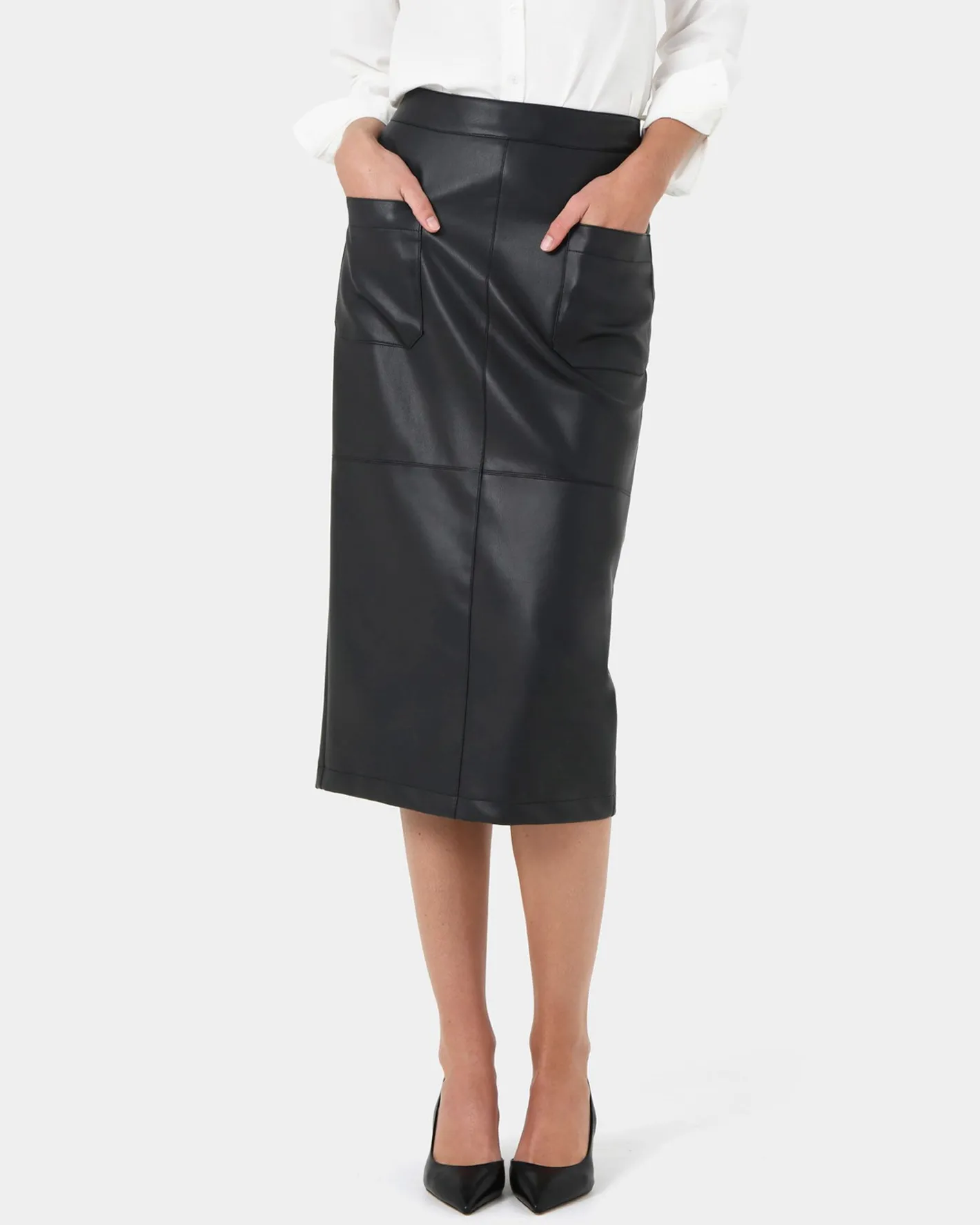 Forcast Vera Faux Leather Midi Skirt Black Outlet
