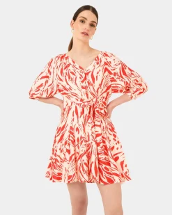 Forcast Vienna V-neck Tie Dress Animal Red Sale