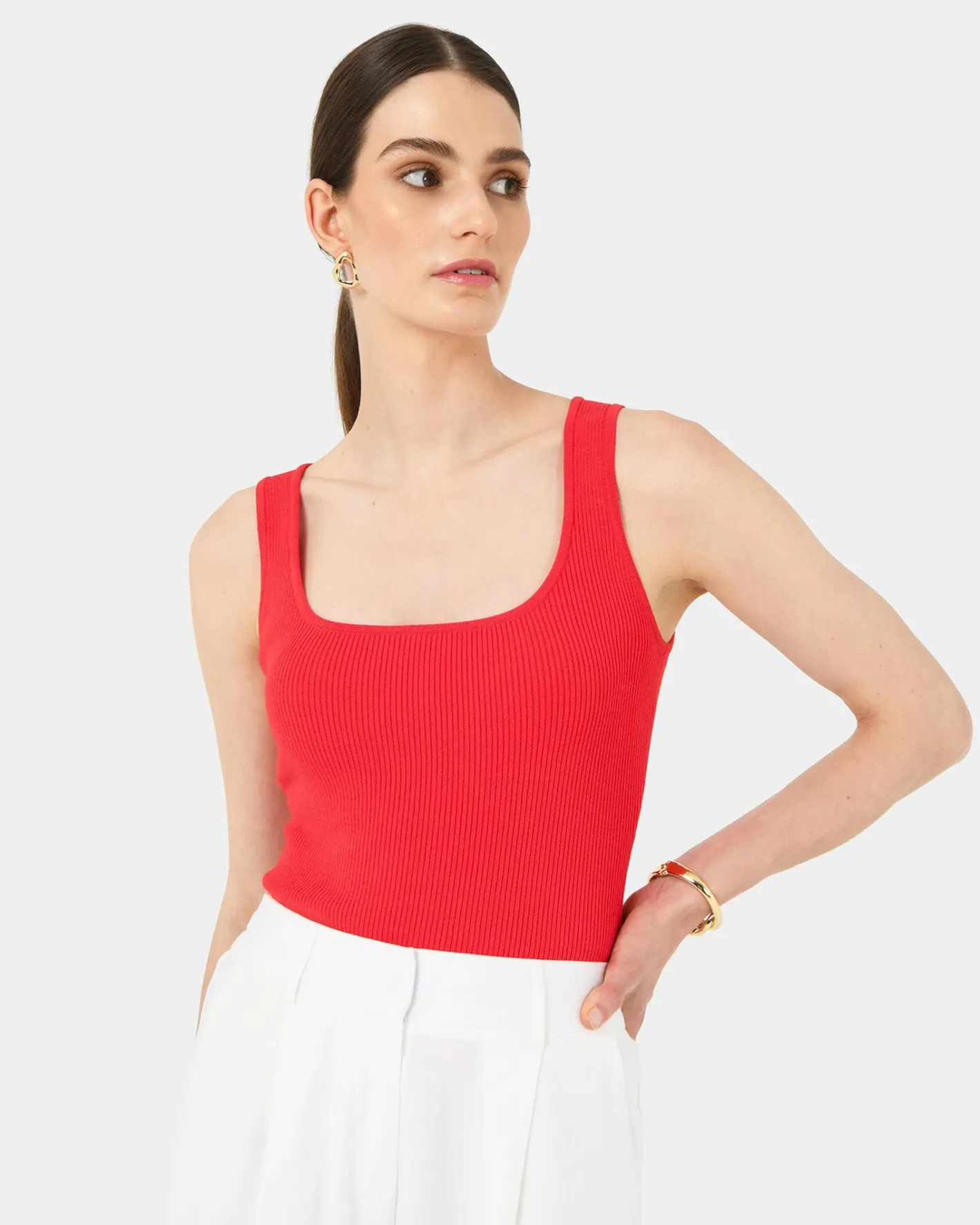 Forcast Vivi Rib Knit Tank Top Red New