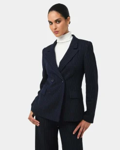 Forcast Zara Double Breasted Blazer Navy Pinstripe New