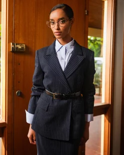 Forcast Zara Double Breasted Blazer Navy Pinstripe New