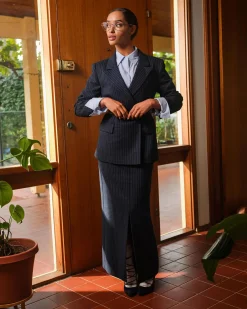 Forcast Zara Tailored Midi Skirt Navy Pinstripe Clearance