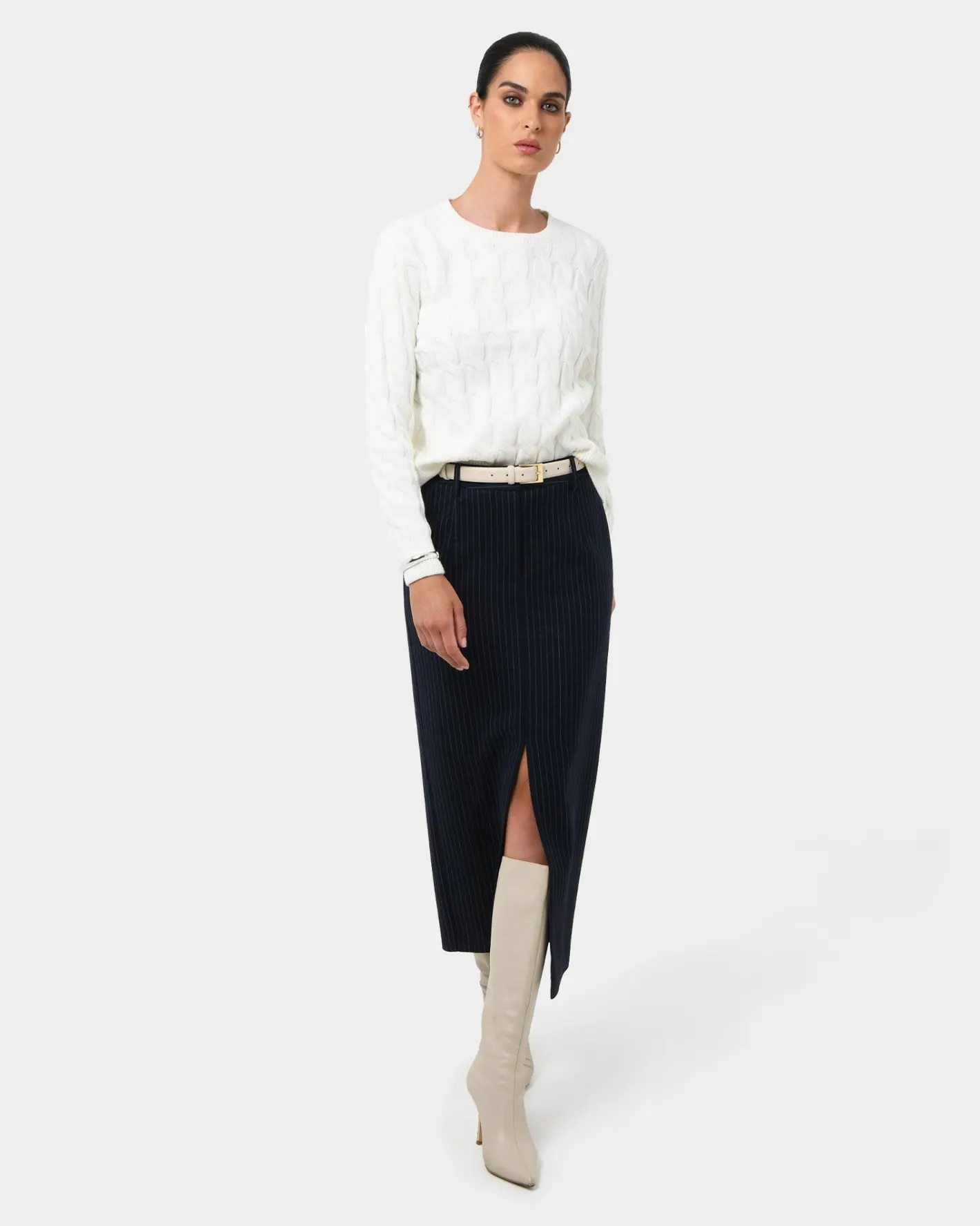Forcast Zara Tailored Midi Skirt Navy Pinstripe Clearance