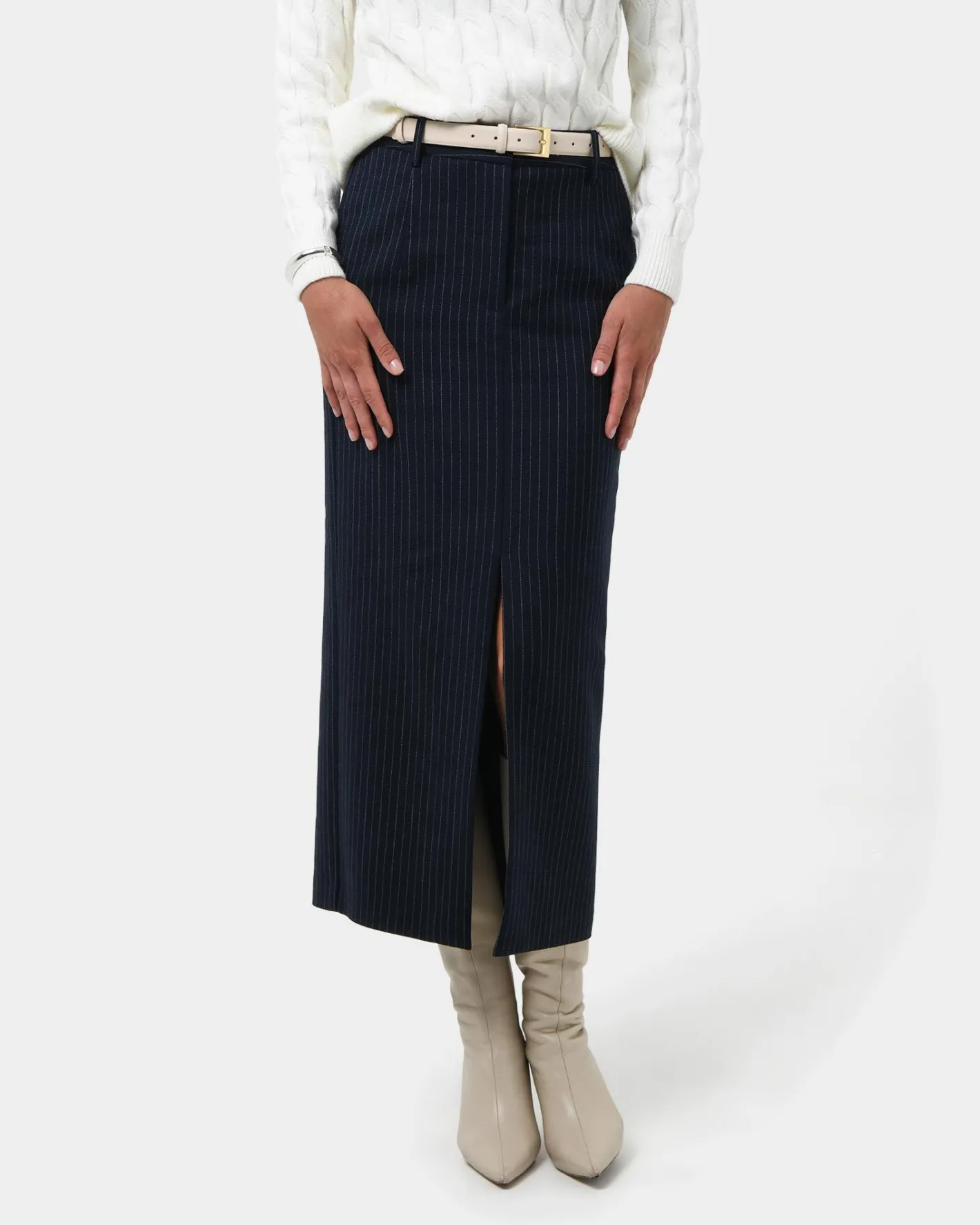 Forcast Zara Tailored Midi Skirt Navy Pinstripe Clearance