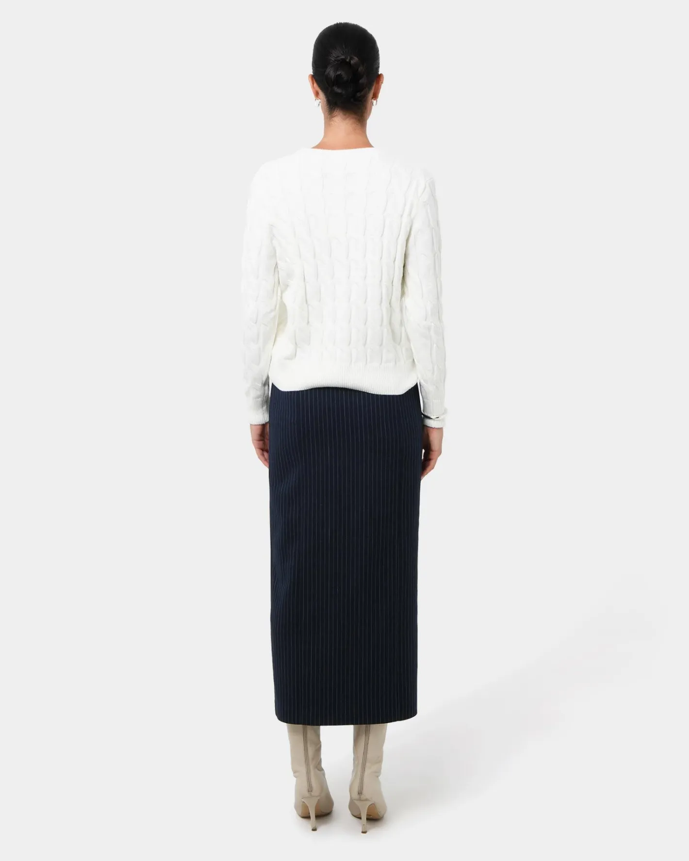 Forcast Zara Tailored Midi Skirt Navy Pinstripe Clearance